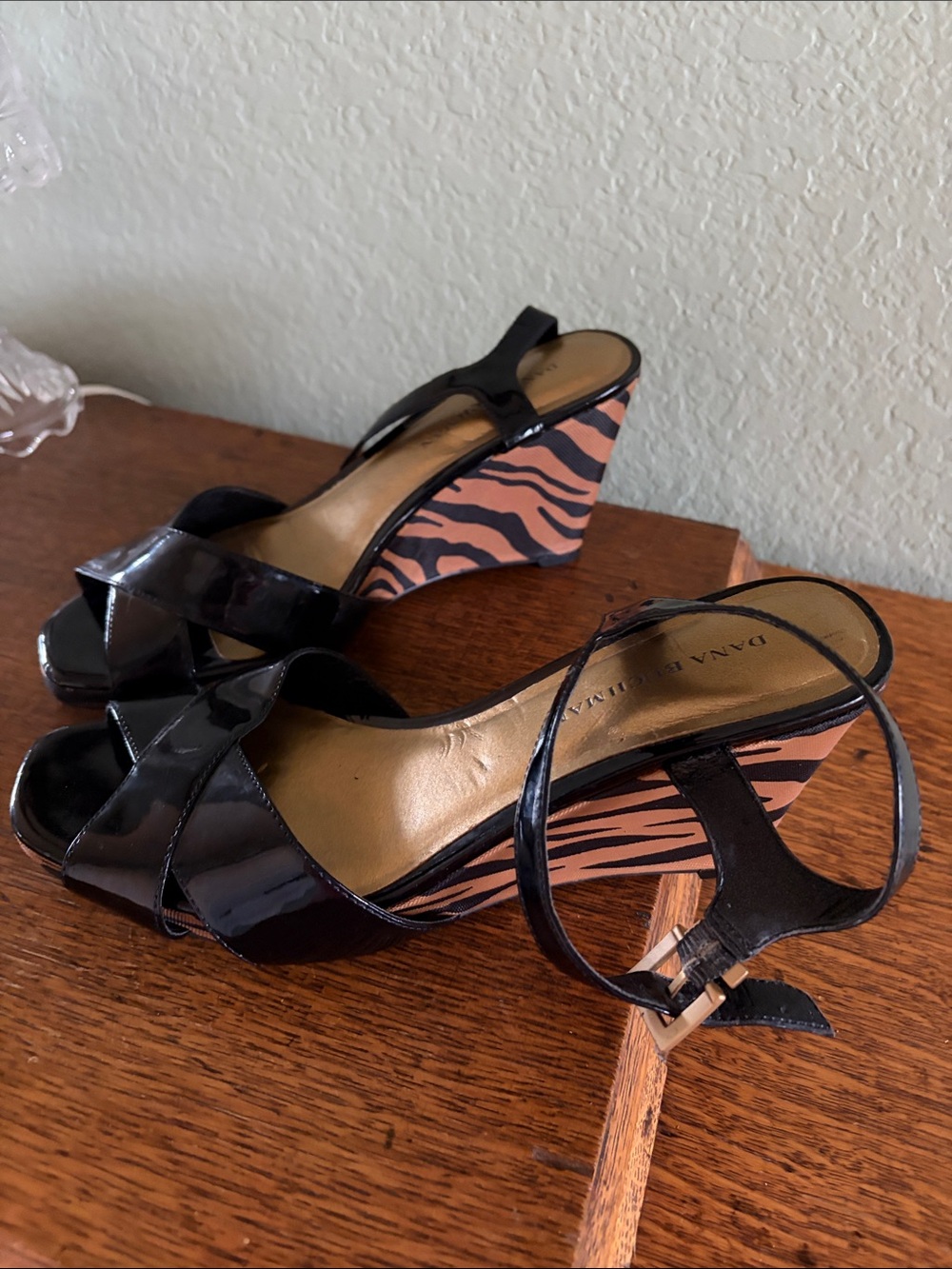 Dana Buchman Black Patent Wedges with Brown and Black Tiger-Print Heel